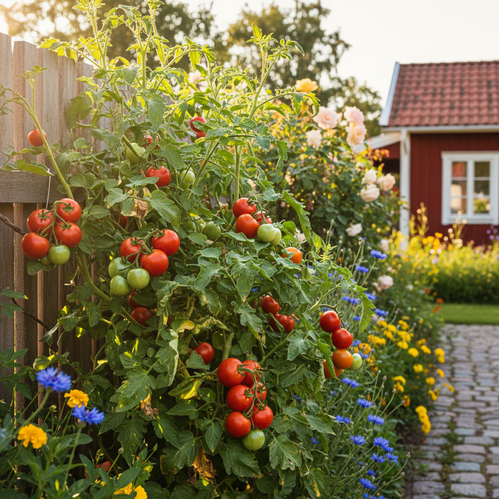 tomat som odlas i en svensk trädgård